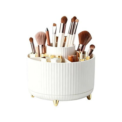360 Rotating Makeup Brush Holder Organizer, 5-Slot Spinning Cosmetics Cup for Makeup Brushes, Nail Polish & Art Supply, Bathroom Vanity Desktop Organizer, White
