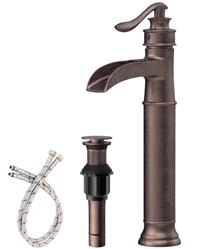 Vessel Sink Faucet Copper Tall Bathroom Faucets Waterfall Single Handle | 1 Hole Farmhouse Antique with Pop up Drain Assembly and Supply Lines Mixer Tap Without Overflow Counter Top by Homevacious - color: Copper