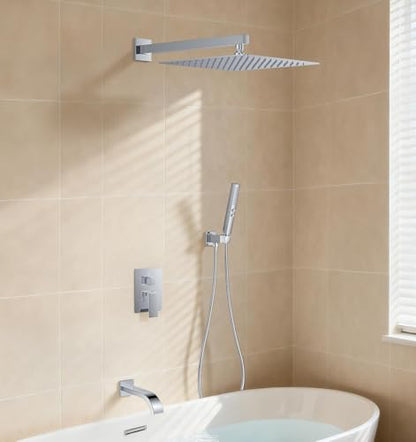 Chrome Shower System with Tub Spout, Wall Mounted Bathtub Shower Faucet Set, 12" Rainfall Shower Head and Handheld Shower Combo, High Pressure Shower Fixtures Set with Rough-in Valve - color: Polished Chrome, style: 12" Wall Mounted Shower System with Tub