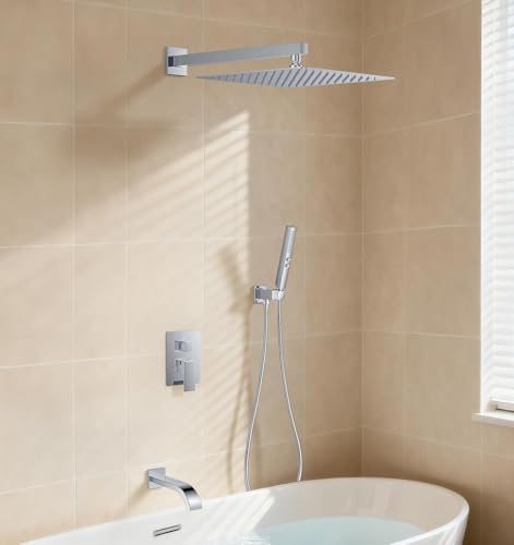 Chrome Shower System with Tub Spout, Wall Mounted Bathtub Shower Faucet Set, 12" Rainfall Shower Head and Handheld Shower Combo, High Pressure Shower Fixtures Set with Rough-in Valve - color: Polished Chrome, style: 12" Wall Mounted Shower System with Tub
