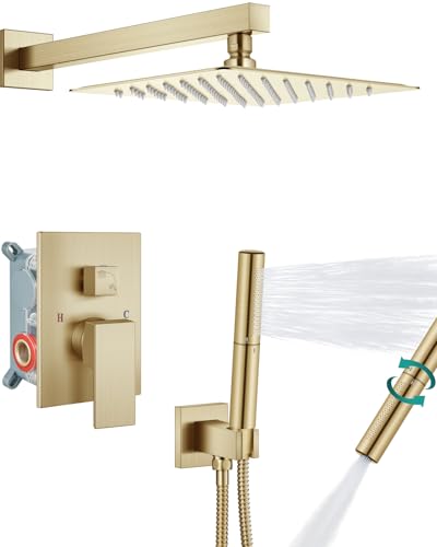 Aolemi Shower System with Rain Head and Handheld,10-Inch,Brushed Gold | High-Pressure Shower Faucet Set with Dual-Function Handheld,Rough-In Valve,1.8 GPM,Wall-Mount Trim Kit - color: Brushed Gold, size: 10 Inch