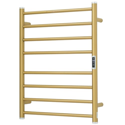 Electric Towel Warmer Rack,Heating Towel Warmer,Timer & Temperature Control,Wall-Mounted Plug-in for Bathroom,Gold,Stainless Steel,8-Bar(27.56x20.87x4.41in) - color: Round-matte Gold With Brushed Top, size: 8 Bars