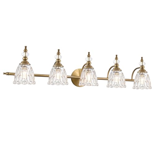 Brushed Antigue Brass Bathroom Light Fixtures, 5 Lights Vanity Light with Flower Glass Shade, Bathroom Vanity Light Over Mirror, Vintage Sconces Wall Lighting for Hallway Livingroom Bedroom - color: Brass, size: 5 light