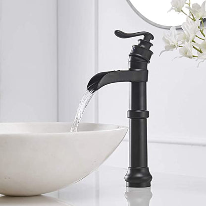 Black Waterfall Bathroom Sink Faucet Single-Handle 1 Hole | Above Counter Bowl Sink,with Pop Up Drain Assembly and Supply Hose,Lead-Free Solid Brass,Vanity Lavatory Mixer Tap - color: Black