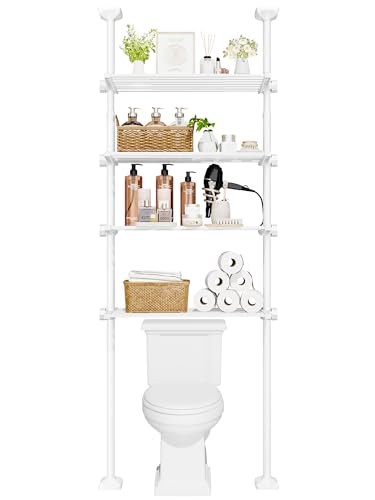 Bonpally Over The Toilet Storage Shelf, 4-Tier Adjustable Bathroom Organizer, No Drill Tension Mounted Shelves Metal, Space-Saving Bathroom Cabinet Rack Above Toilet for Small Bathroom Rooms, White - color: White