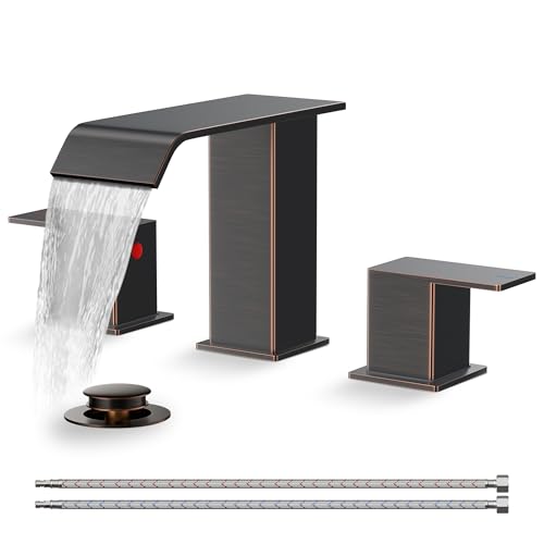 FORIOUS Bathroom Faucets 3 Hole 8 Inch Widespread Sink Oil Rubbed Bronze | 3-hole 4-12 Inch Widespread Sink, Square Waterfall Spout, with Drain and Hoses,for Vanity Rv Commercial Lavatory Restroom - color: Oil Rubbed Bronze