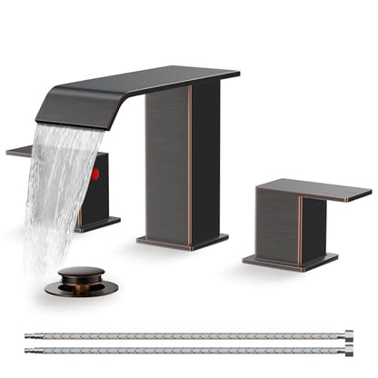 FORIOUS Bathroom Faucets 3 Hole 8 Inch Widespread Sink Oil Rubbed Bronze | 3-hole 4-12 Inch Widespread Sink, Square Waterfall Spout, with Drain and Hoses,for Vanity Rv Commercial Lavatory Restroom - color: Oil Rubbed Bronze