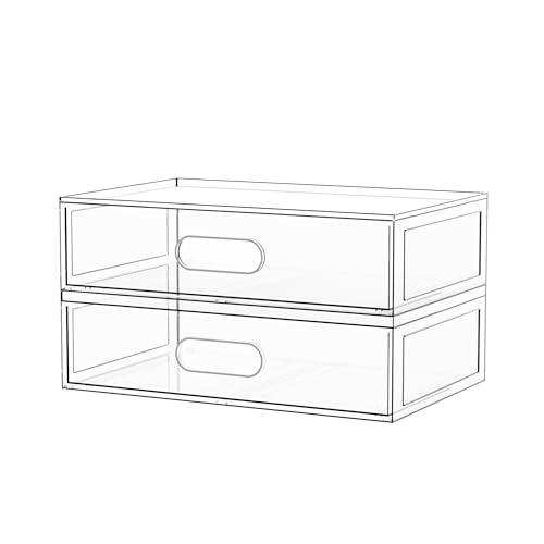 Clear Stackable Makeup Organizer with Drawer, 12''W Acrylic Storage Drawers | Cosmetic Display Case for Vanity Bathroom Countertop Drawers, Beauty Holder for Lipstick Brush Skincare Perfume - size: 2 Tier