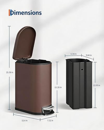 IDEALHOUSE 2.6 Gal/10L Slim Garbage Can for Bathroom with Lid, Brown | Stainless Steel Trash Bin for Small Space, Small Step-on Metal Waste Basket with Removable Inner Bucket, Soft Close - color: Brown