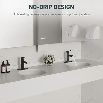 Bathroom Faucet for 1 or 3 Holes, Matte Black, Brass | Single Handle Bathroom Sink Faucets, Modern Commercial Lavatory Vanity Faucet, with Deck Plate and Supply Line, Pop Up Drain - color: Matte Black