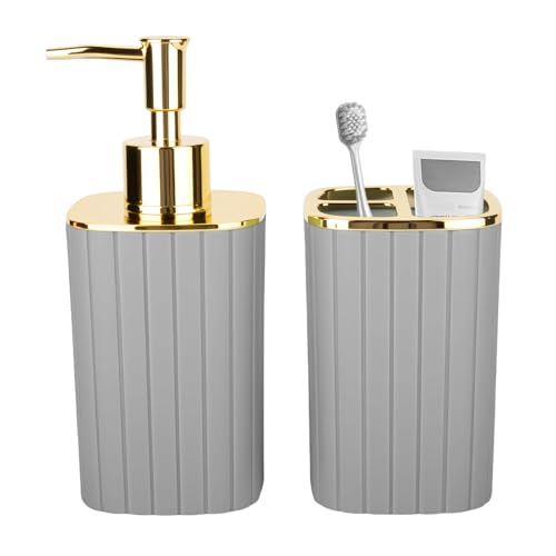 Grey Bathroom Soap Dispenser and Toothbrush Holder for Boho Bathroom Decor | 2 Piece Bathroom Accessories Set for Bathroom Countertop Storage and Housewarming Gifts - color: Grey, size: 2Pcs