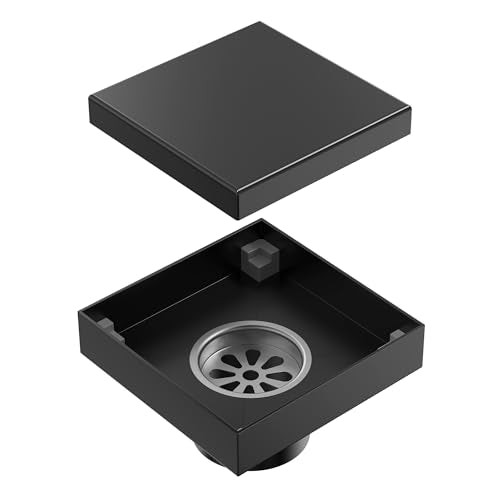 4 Inch Square Shower Floor Drain, SUS304 Stainless Steel with X-Shaped High Flow Channel, Anti-Clogging Hair Strainer, No Hub Required, Matte Black - color: Matte Black, size: 4