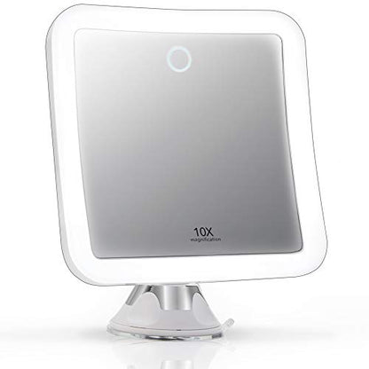 Fancii Rechargeable 10x Magnifying Mirror with 3 LED Light Settings, Dimmable Touch Light, Cordless, Locking Suction Mount, Lighted Mirror for Bathroom or Travel, Mira 2 (White)