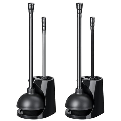 Qaestfy Toilet Plunger and Brush Set for Bathroom Cleaning, 2-in-1 Long Handle Toilet Bowl Brush with Stiff Bristles & Powerful Plunger, Space-Saving Holder (Pack of 2)