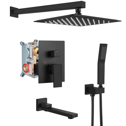 gotonovo Tub Shower Faucet Set with Valve Kit 12’’ Head,Matte Black | Shower System with Tub Spout,SUS304 Rain Head with Handheld Sprayer,Swivel Spout,All Metal,Rough-In Valve Trim Kit,Wall Mount - color: Black, size: 12’’ Head