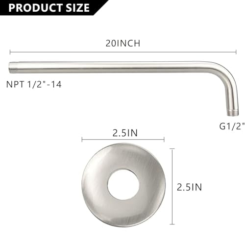 Voolan Shower Arm with Flange and Teflon Tape, Extension Shower Head Arm for Bathroom Fixed Shower Head, Solid Stainless Steel, Wall Mounted (20 Inch,Brushed Nickel) - color: Brushed Nickel, style: 20 Inch