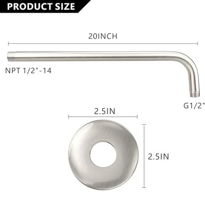 Voolan Shower Arm with Flange and Teflon Tape, Extension Shower Head Arm for Bathroom Fixed Shower Head, Solid Stainless Steel, Wall Mounted (20 Inch,Brushed Nickel) - color: Brushed Nickel, style: 20 Inch
