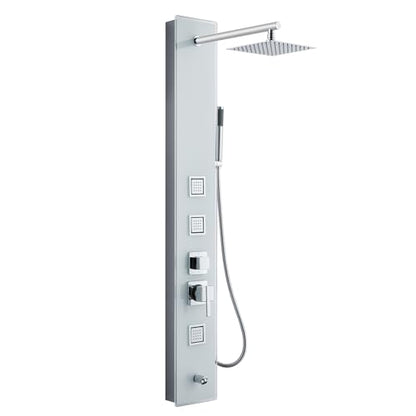 8" Wall Mount Glass Shower Panel Tower System Stainless Steel White | 51 inch Tempered glass shower panel | 8" rain shower head | 14.5" shower arm | 304 stainless steel | Wall mount - style: Square Shower