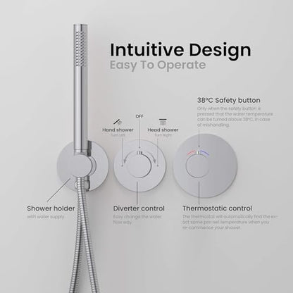 KIBI Circular Thermostatic Shower System with Valve, 2-Function Wall Mounted Shower Faucet Set – Solid Brass Bathroom Shower Trim Kit with Temperature Control, Chrome Finish (KSF410) - color: Chrome