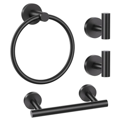 Black Bathroom Hardware Set, 4-Piece Towel Holder Set Include Double Bases Toilet Paper Holder,Towel Ring and 2 Towel Hooks Stainless Steel Wall Mounted Bathroom Hardware Accessories Set - color: Matte Black, size: Set B