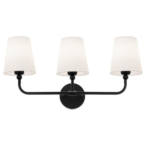 Bathroom Light Fixtures, Matte Black Vanity Lights with Flared White Fabric Shade, 3 Light Wall Sconce, Modern Sconces Wall Lighting for Hallway Bedroom, VL837-MB-3 | 24.5" bathroom light fixtures over mirror, upward only, E26 base, bulbs not included, VL