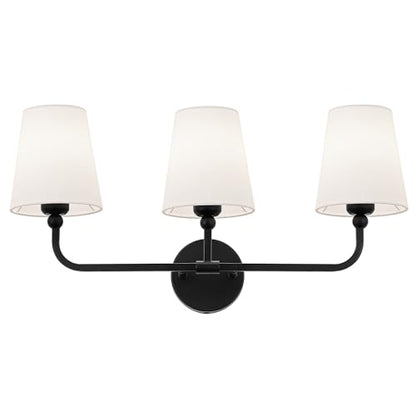 Bathroom Light Fixtures, Matte Black Vanity Lights with Flared White Fabric Shade, 3 Light Wall Sconce, Modern Sconces Wall Lighting for Hallway Bedroom, VL837-MB-3 | 24.5" bathroom light fixtures over mirror, upward only, E26 base, bulbs not included, VL
