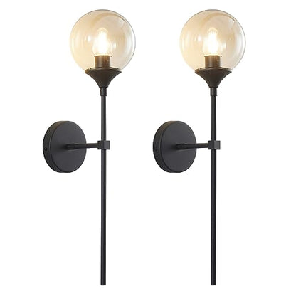 KCO Lighting Mid Century Modern 1-Light Wall Sconce Lighting Set of Two Matte Black Globe Vanity Wall Light Fixture Set of 2 Amber Glass Bathroom Wall Lamp Industrial Long Pole Wall Sconce - color: Black+Amber