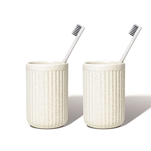 Speckled Rippled Ceramic Toothbrush Holder Set, Beige 2 Pack | Matching Vanity Pair, Makeup Brush Storage, Minimalist Bathroom Decor, Elegant Countertop Accent, Textured Home Style - color: Speckled Beige 2 Pieces