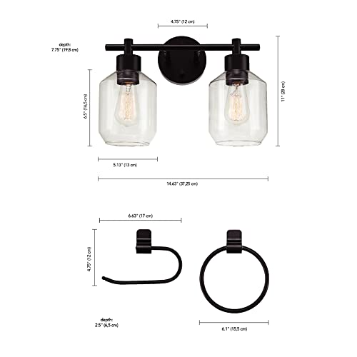 Globe Electric 3-Piece Powder Room Set, Matte Black, 2-Light Vanity with Clear Glass Shades and Matching Hardware, 51850 - color: Matte Black, Clear Glass, 2-Light