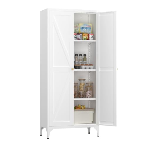 65" Kitchen Pantry Storage Cabinets with 2 Doors and 3 Adjustable Shelves, White Pantry Cabinet, Tall Metal Food Storage Cupboard for Kitchen, Dining Room - color: White, size: 65H
