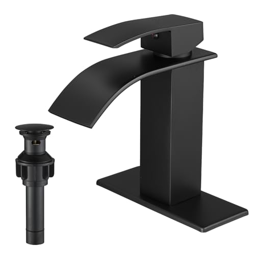 VOTON Black Bathroom Faucets Modern Waterfall Bathroom Sink Faucet Matte Black Single Handle Bathroom Faucet for 1 or 3 Holes with Deck Plate and Pop-Up Drain, Rv Sink Camper Farmhouse Bathroom Faucet - color: Black