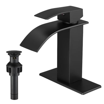 VOTON Black Bathroom Faucets Modern Waterfall Bathroom Sink Faucet Matte Black Single Handle Bathroom Faucet for 1 or 3 Holes with Deck Plate and Pop-Up Drain, Rv Sink Camper Farmhouse Bathroom Faucet - color: Black