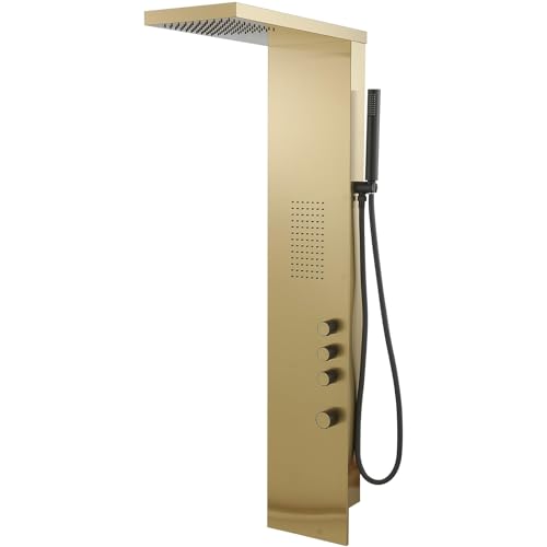 Shower Panel Tower System, Brushed Gold | Stainless Steel, Multifunction Shower Tower System, Bathroom Rainfall Shower Head Hand Shower and Large Area Body Spray - color: Gold, style: 3 IN 1 Shower Panel