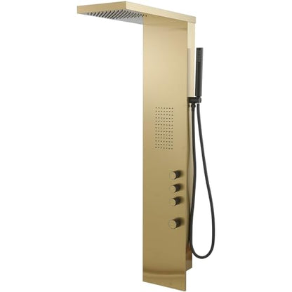 Shower Panel Tower System, Brushed Gold | Stainless Steel, Multifunction Shower Tower System, Bathroom Rainfall Shower Head Hand Shower and Large Area Body Spray - color: Gold, style: 3 IN 1 Shower Panel