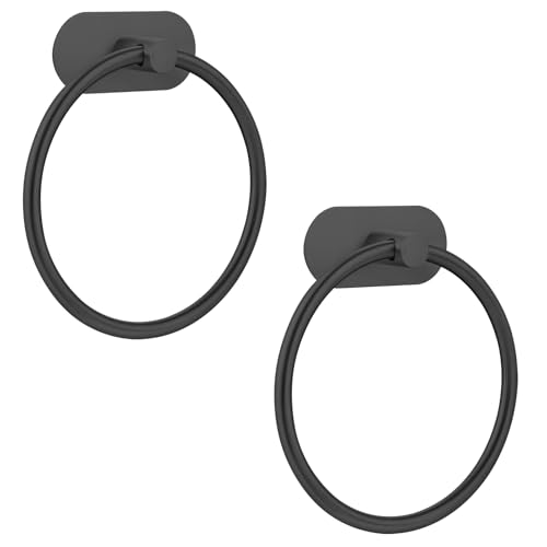 Self-Adhesive Towel Ring for Bathroom, No Drilling Stainless Steel Rustproof Hand Towel Holder, Wall Mounted Kitchen Towel Hanger with Strong Adhesive, Modern Bath Organizer Brushed Black 2 Pack - color: Black, size: 2 Pack