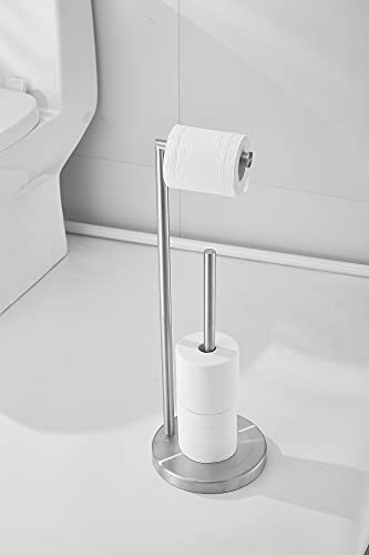 Toilet Paper Roll Holder Stand, NEWRAIN Bathroom Free Standing Toilet Tissue Paper Roll Holder Stand with Reserve Function,Brushed Nickel - color: Brushed Nickel