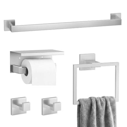 5-Piece Bathroom Hardware Set, 23.6 Inch Towel Bar Set SUS304 Stainless Steel Towel Racks for Bathroom Round Towel Bar, Towel Ring, Toilet Paper Holder, 2 Robe Hooks, Wall Mounted (Brushed Nickel) - color: Brushed Nickel, size: 5 pack