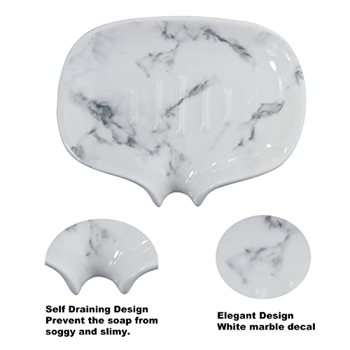White Marble Texture Soap Dish Ceramic Soap Holder Self Draining Soap Dish Waterfall Slot Sponge Holder Bathroom Accessories for Bathroom, Kitchen,Bar Counter. - color: Marble White