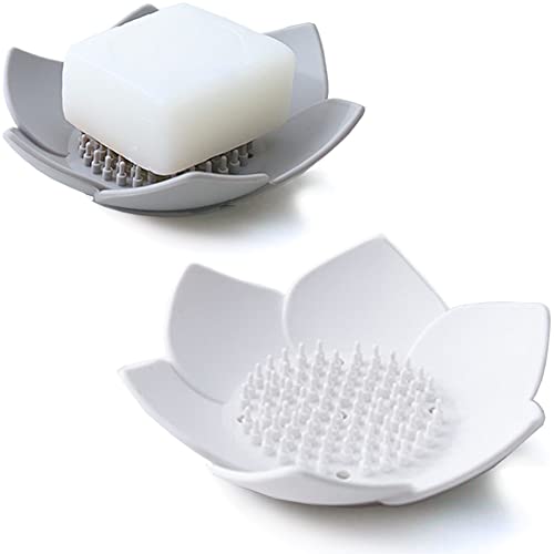 2 Pack Silicone Soap Tray Dishes Soap Holder Saver Draining Bathroom Shower Sink Bathtub - color: 2 Pack, White + Grey