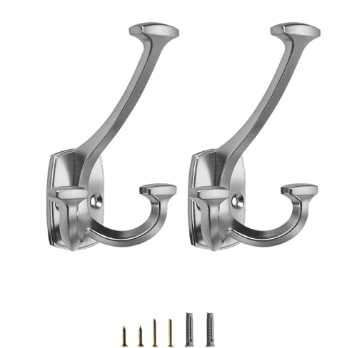 Brushed Satin Nickel Hooks Large Wall Mounted Decorative Solid Heavy-Duty Double-Sided Coat Hooks Triple Coat Hook Towels Coats Robes Towels Bag Bathroom Three Prong Coat Hook (2 Pack) - color: Brushed Satin Nickel