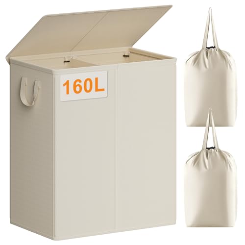 Chrislley Double Laundry Hamper with Lid, 160L Laundry Basket 2 Section | Large Dirty Clothes Hamper 2 Compartments with Removable Liner Bags & Handles, Collapsible Storage for Bedroom, Doom, Beige - color: Beige, size: 160L(25.0"L x 14.2"W x 27.2"H)