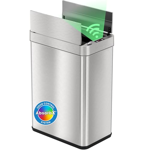 iTouchless 50 Liter / 13 Gallon Wings-Open Lid Sensor Kitchen Trash Can with Odor Filter – Dog-Proof Slim Automatic Stainless Steel Garbage Recycling Bin for Home, Office, Bedroom, Business or Garage - color: Mist Silver, Brushed
