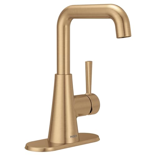 Moen Ronan Bronzed Gold Double Bend Single Hole Modern Bathroom Sink Faucet with Optional Deckplate and Spring Loaded Drain Assembly, 84024BZG - color: Bronzed Gold, style: Single Handle