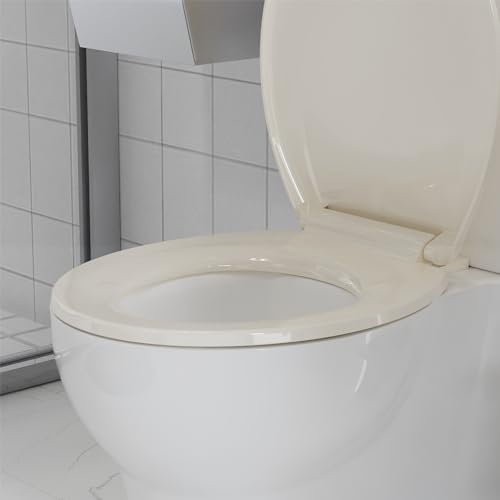 17" Round Toilet Seat, Soft Close Toilet Seat with Quiet Lid,Almond Polypropylene Toilet Seat Cover with Never Loosen Durable Lid, Easy to Install and Clean - color: Almond, Standard, size: Round (17″)