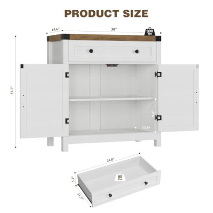 HOSTACK 31.5"W Kitchen Storage Cabinet, Farmhouse Coffee Bar Cabinet, White | Small Buffet Cabinet with Doors & Wide Drawer, Wood Sideboard Buffet, Entry Table w/ Adjustable Shelf for Dining Living Room - color: White