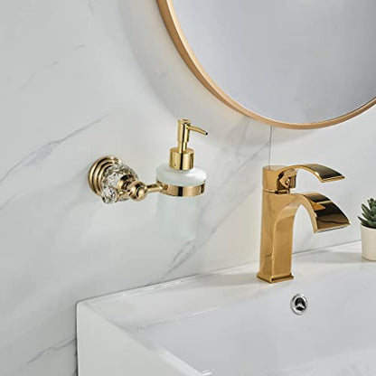 WOLIBEER Crystal Soap Dispenser Wall Mounted, Polished Gold Liquid Soap Holder Bathroom 8.5 OZ Glass Bottle with Pump Stainless Steel