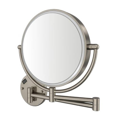 Whitehaus Wall-Mounted LED Magnifying Mirror – 8” Dual-Sided Mirror with 7X Zoom, Extendable Arm, Touch-Activated Light, Brushed Nickel - color: Brushed Nickel