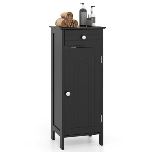 Giantex 34.5" Bathroom Cabinet with Drawer & Single Door (Black) | Narrow Side Storage Organizer with 6 Shelf Positions, Freestanding Floor Storage Cabinet for Bathroom, Living Room, Entryway - color: Black, size: 12"D x 14"W x 34.5"H