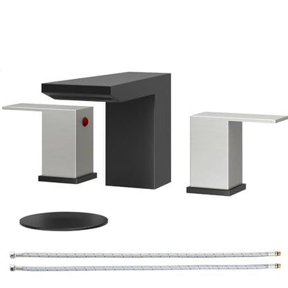 BESy Bathroom Faucet 3 Holes Two Handles Vanity Widespread 8 Inch Bathroom Sink Faucet, Waterfall Bathroom Sink Faucet with cUPC Supply Hoses, Pop Up Drain, Stainless Steel, Matte Black with Nickel - color: Matte Black with Nickel, size: 8 Inch Widespread