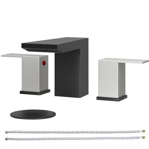 BESy Bathroom Faucet 3 Holes Two Handles Vanity Widespread 8 Inch Bathroom Sink Faucet, Waterfall Bathroom Sink Faucet with cUPC Supply Hoses, Pop Up Drain, Stainless Steel, Matte Black with Nickel - color: Matte Black with Nickel, size: 8 Inch Widespread